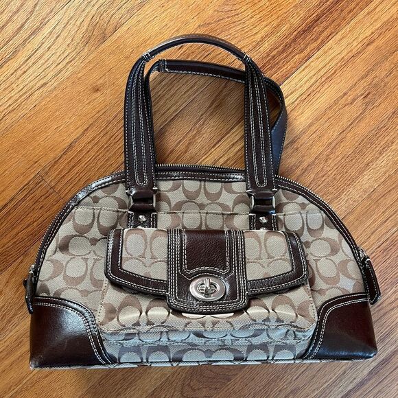 COACH Hampton Signature Monogram Brown Leather & Canvas Satchel Shoulder Bag - Picture 1 of 10